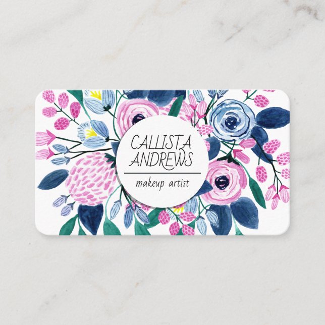 Carte De Visite Artiste de maquillage d'aquarelle Sweet Rose Navy  (Devant)