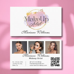 Carte De Visite artiste de maquillage logo rose or, code qr 3 phot