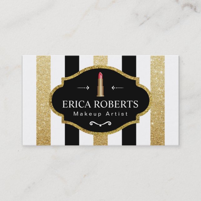 Carte De Visite Artiste de maquillage moderne Black White Gold Str (Devant)