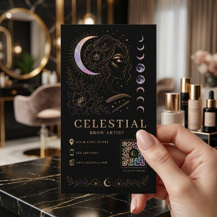 Carte De Visite Artiste de Sourcils Célestes Luxe Noir-Or QR Beaut