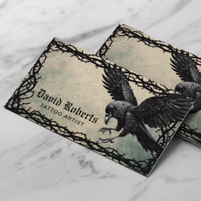 Carte De Visite Artiste de tatouage Black Crow Thorn Frame Grunge (Créateur téléchargé)