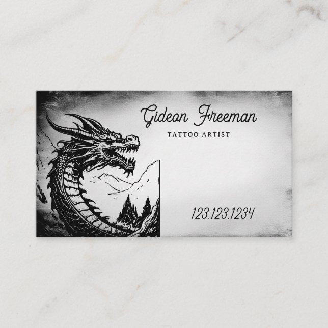 Carte De Visite Artiste de tatouage de dragon noir et blanc élégan (Devant)