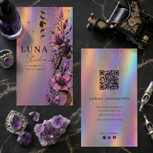 Carte De Visite Artiste de tatouage holographique Luxe QR iridesce