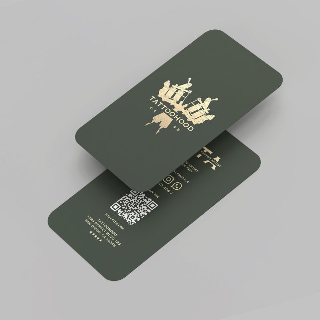Carte De Visite Artiste de tatouage moderne Monogramme Or Vert fon (Modern Tattoo Artist Dark Green Gold Monogram Business Card
)