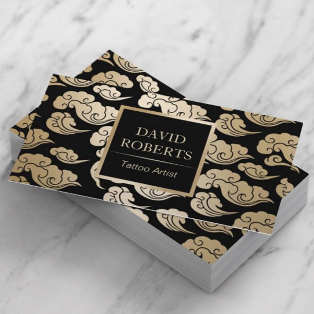 Carte De Visite Artiste de tatouage moderne Noir & Or Oriental Mot (Créateur téléchargé)