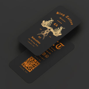 Carte De Visite Artiste de tatouage rétro Tatoueur noir orange 