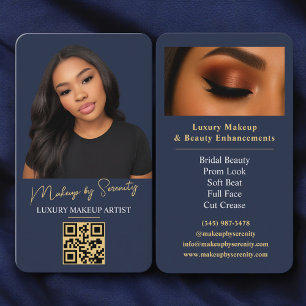 Carte De Visite Artiste Maquilleuse Code QR Or Bleu Marine Luxe Be