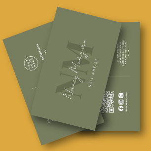 Carte De Visite Artiste Ongles Vert Sauge Foncé Monogramme Code QR
