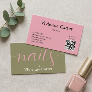 Carte De Visite Artiste Ongulaire Olive Green Pink Script