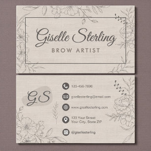 Carte De Visite Artiste Sourcils Écriture Lin Neutral Floral