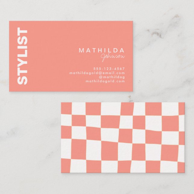 Carte De Visite Artsy en damier blanc Peach Abstrait (Devant / Derrière)