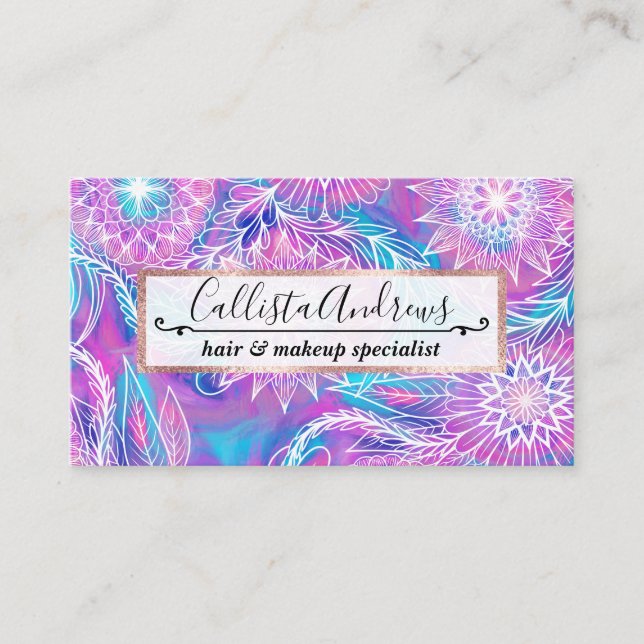 Carte De Visite Artsy Girly Purple Aqua Floral Illustration dessin (Devant)