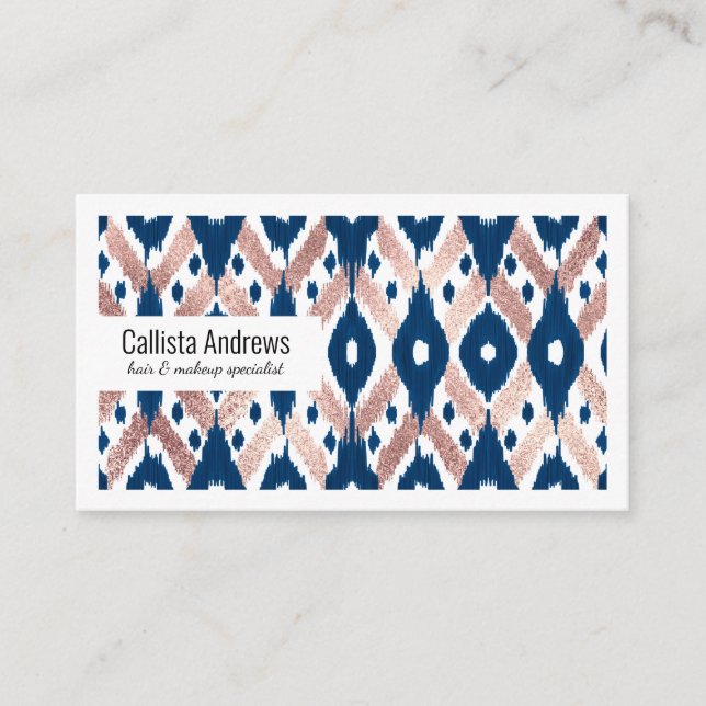 Carte De Visite Artsy moderne Rose or Marine bleu Ikat Geo (Devant)