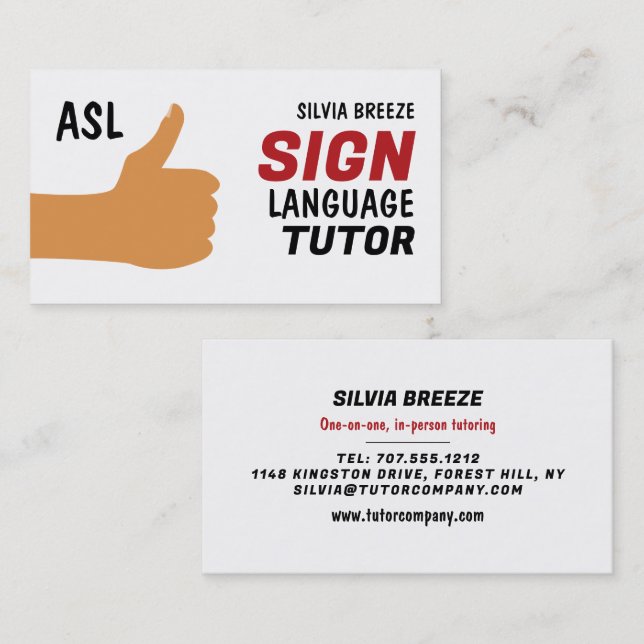 Carte De Visite ASL Thumbs up Gesture Signer Tutor, Enseignant (Devant / Derrière)