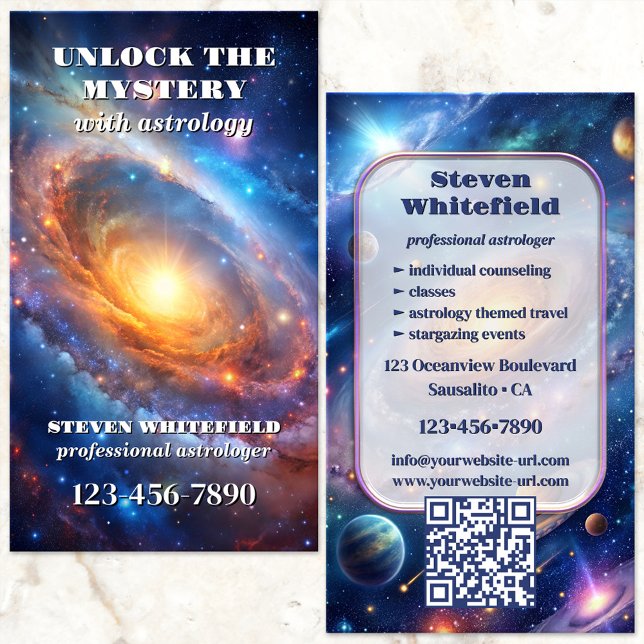 Carte De Visite Astrologiste professionnel Galaxie céleste (Astrologer business card featuring a celestial illustration of the galaxies with planets and stars.)