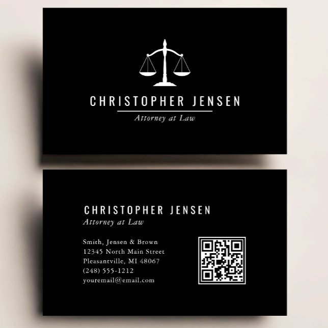 Carte De Visite Attorney QR Code Black and White Scales Simple (Créateur téléchargé)