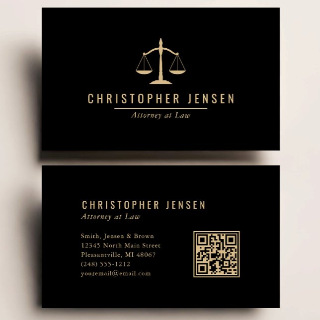 Carte De Visite Attorney QR Code Black Gold Scales Simple (Créateur téléchargé)