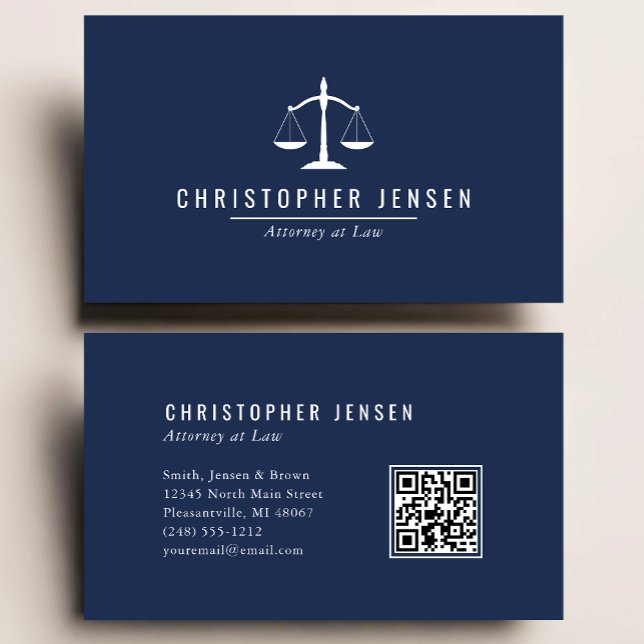 Carte De Visite Attorney QR Code Navy Blue White Scales Simple (Créateur téléchargé)