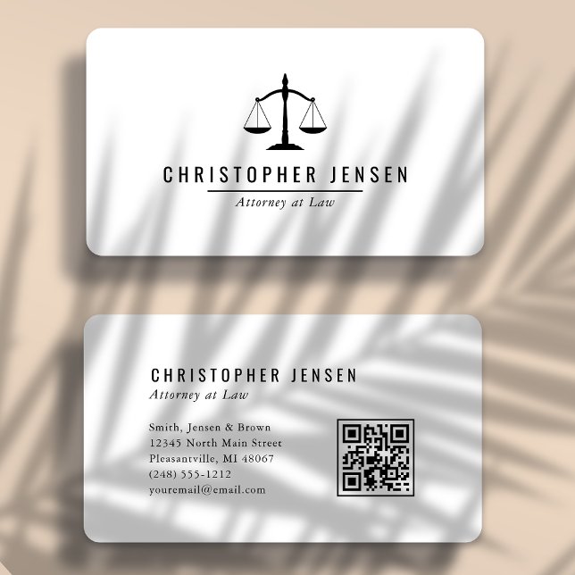 Carte De Visite Attorney QR Code White Black Scales Simple Rounded (Créateur téléchargé)