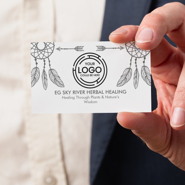 Carte De Visite Attrapeurs de rêves minimaux, Plumes, Flèches Bien (tribal-inspired monochrome design with dream-catcher  feather illustrations, soft gray business card)