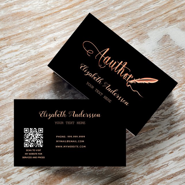 Carte De Visite Auteur rose noir code QR or (Créateur téléchargé)