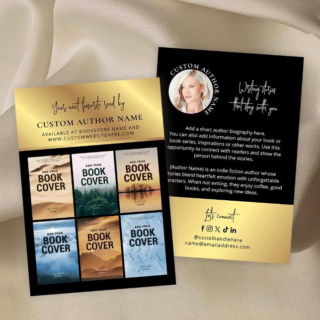 Carte De Visite Author Book Series Photo Collage Black & Gold (Faux gold author bibliography marketing business cards with 6 custom book covers and profile photo)