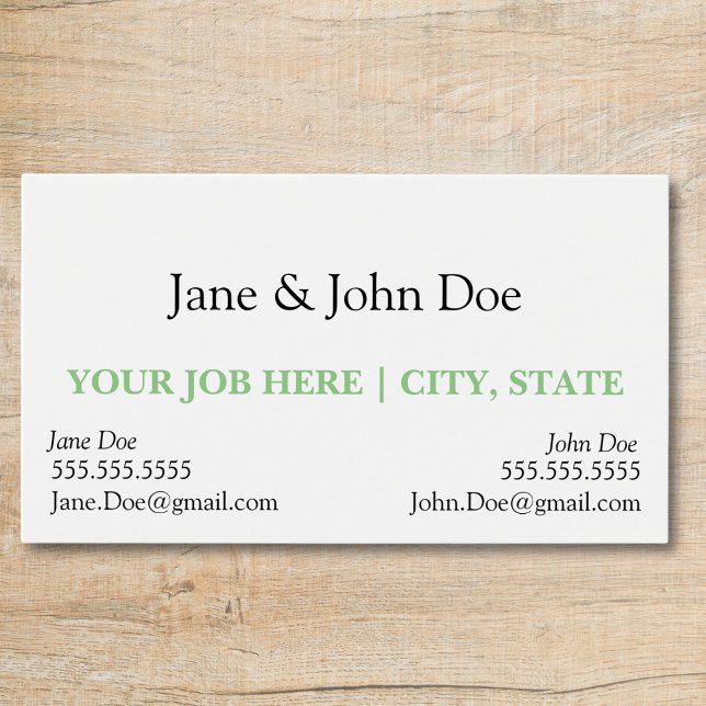Carte de visite avec spot pour deux noms (business card with slot for two names professional black and white with green text, two contacts)