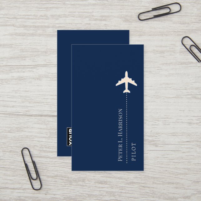 Carte De Visite Avion Pilote Bleu Moderne Vertical (Devant/Arrière en situation)