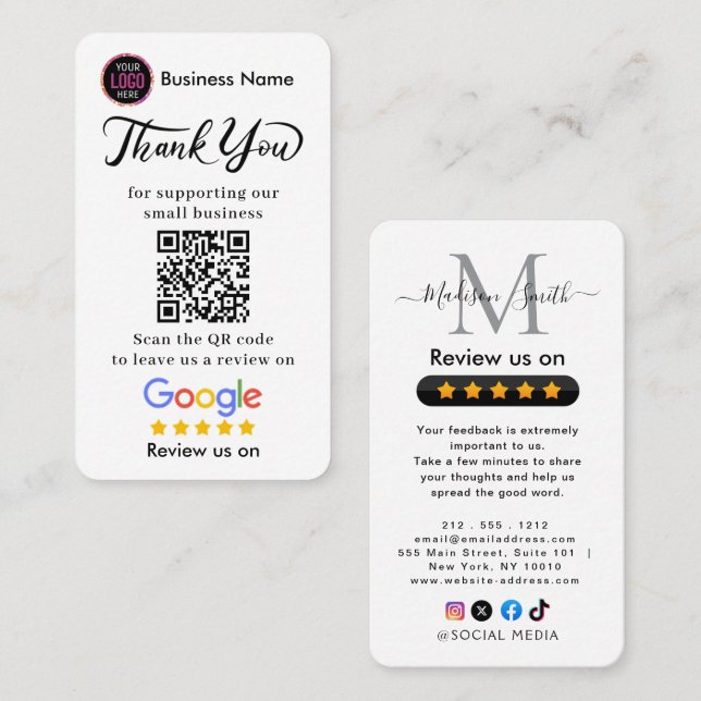 Carte De Visite Avis Google avec Merci et Code QR (Devant / Derrière)