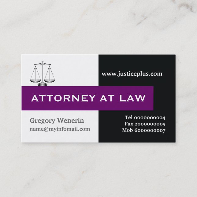 Carte De Visite Avocat à l'échelle de la justice violet, noir (Devant)