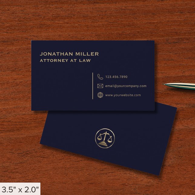 Carte De Visite Avocat bleu et or simple Navy (Créateur téléchargé)