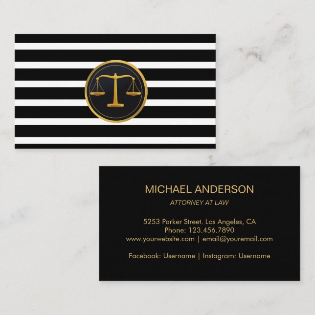 Carte De Visite Avocat de Droit Gold Scale Modern Stripes (Devant / Derrière)