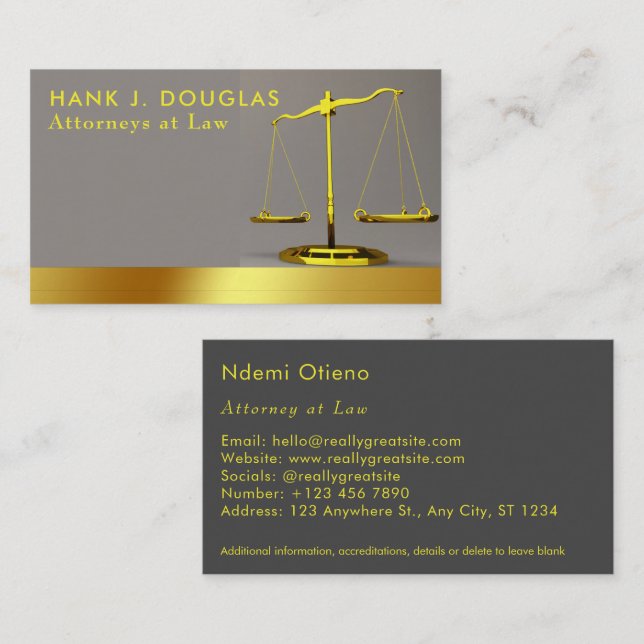 Carte De Visite Avocat moderne Gold Stripe Grey (Devant / Derrière)