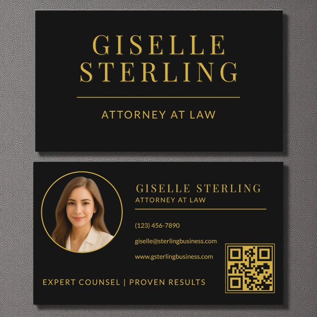 Carte De Visite Avocat photo en or noir Law Code QR (Créateur téléchargé)