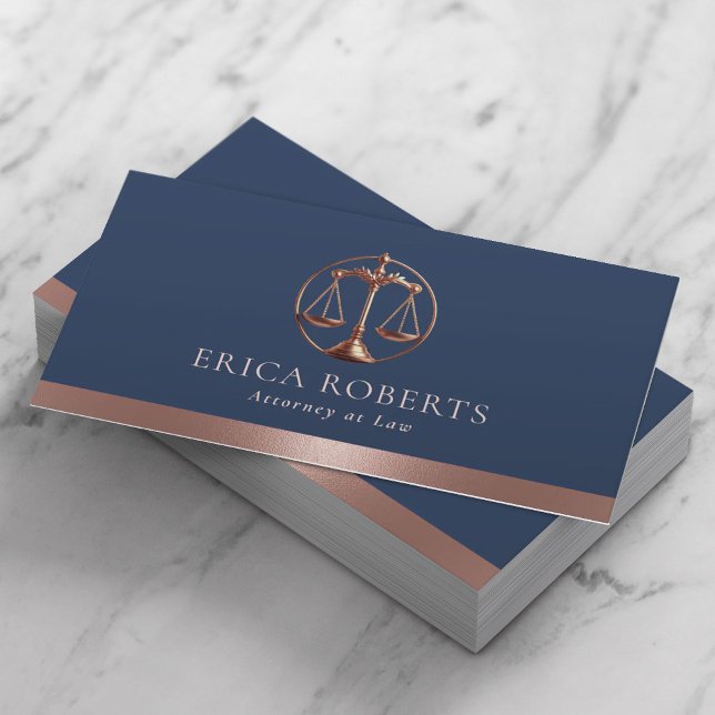 Carte De Visite Avocat Rose Gold Justice Scale Avocat Navy Blue (Créateur téléchargé)