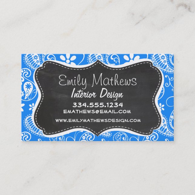 Carte De Visite Azure Blue Paisley ; Floral ; tableau de bord (Devant)