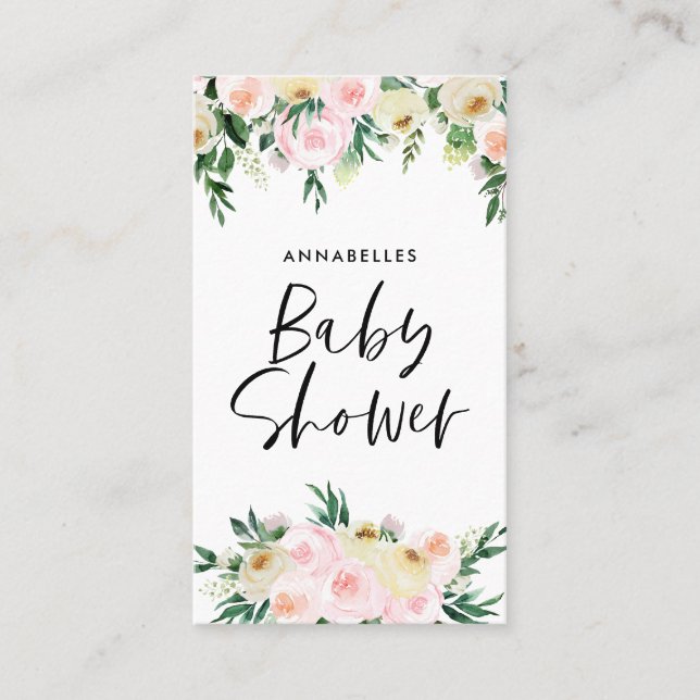 Carte De Visite Baby shower aquarelle rose ceinture rose jeu flora (Devant)