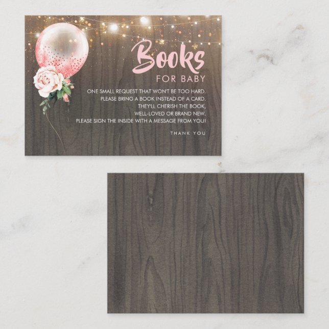 Carte De Visite Baby shower Livres Demande Pink Gold Floral Balloo (Devant / Derrière)
