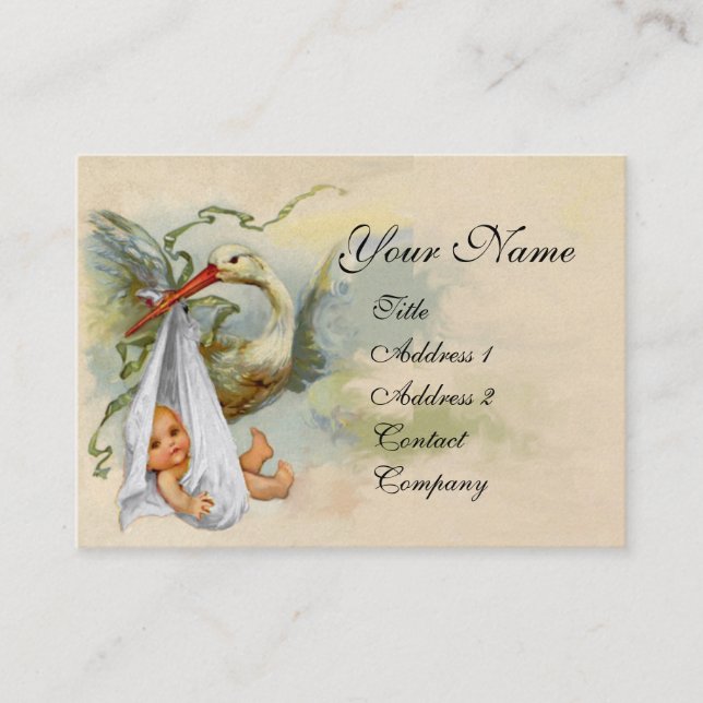 Carte De Visite BABY SHOWER NEUTRE BLANC STORK papier perle (Devant)