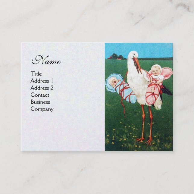 Carte De Visite BABY SHOWER STORK TWIN, papier perle blanc (Devant)