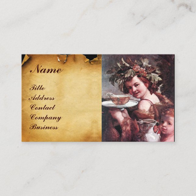CARTE DE VISITE BACCHUS, RAISINS, PARCHEMENT DE SCEAUX DE CIRE ROU (Devant)