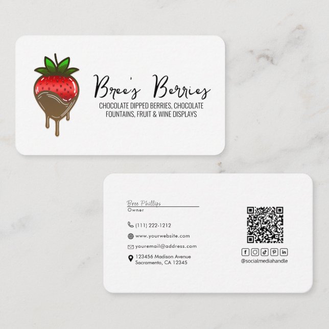 Carte De Visite Baies de fraises trempées recouvertes de chocolat (Devant / Derrière)