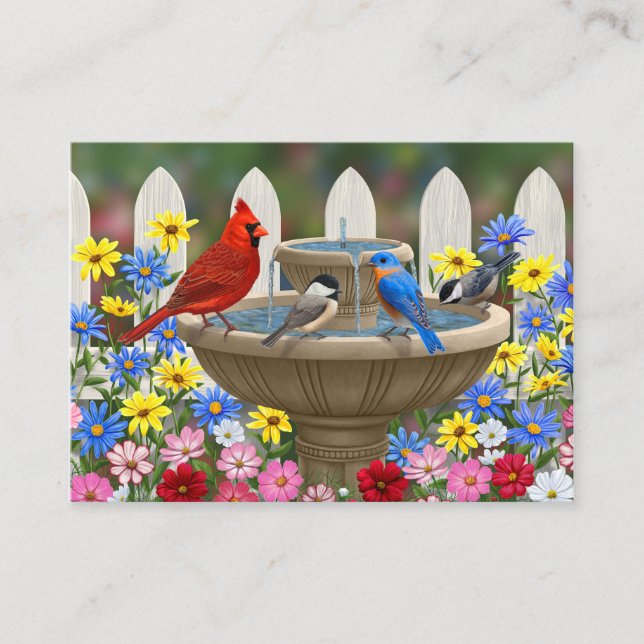 Carte De Visite Bain d'oiseaux coloré du jardin de printemps (Devant)