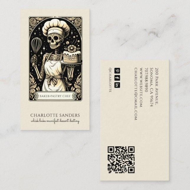 Carte De Visite Baker Skeleton Sepia Tarot Aesthetic QR Code (Devant / Derrière)