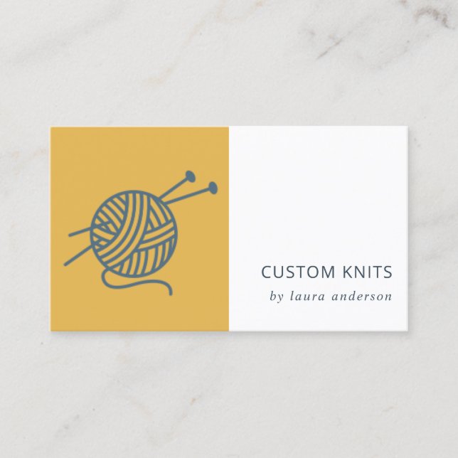 CARTE DE VISITE BALLE EN JAUNE OCRE MARINE TRICOT GRIS WOOL YARN (Devant)
