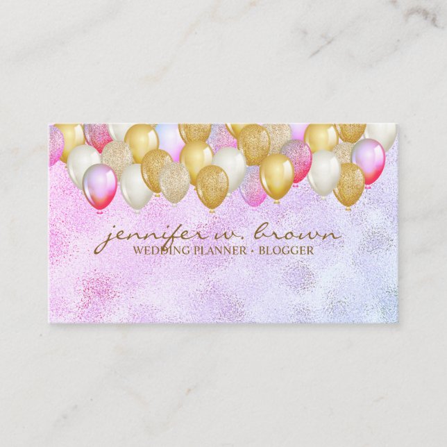 Carte De Visite Balloon Party Planner or rose violet (Devant)