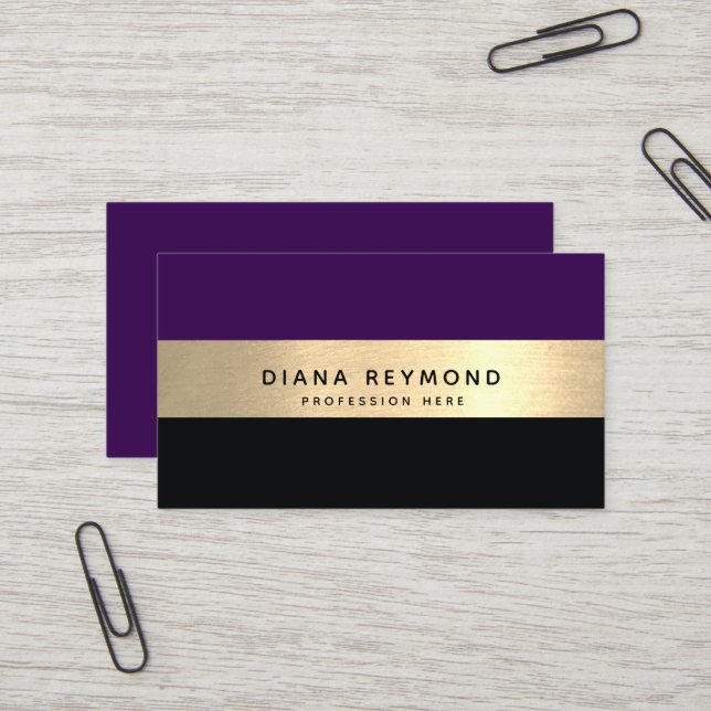 Carte De Visite Bande d'or faux professionnel moderne violet noir (Devant/Arrière en situation)