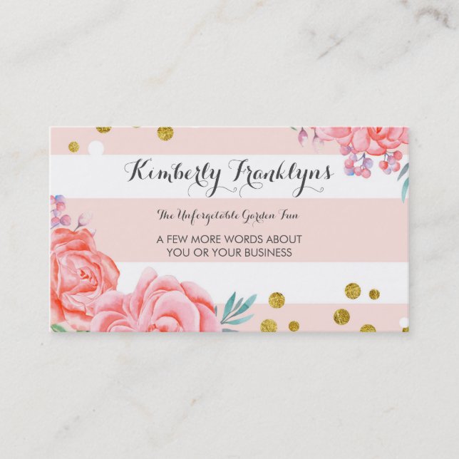 Carte De Visite Bande rose fleurs or confetti aquarelle (Devant)