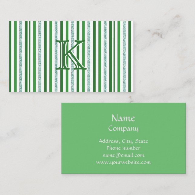 Carte De Visite Bandes de Parties scintillant argent vert Monogram (Devant / Derrière)