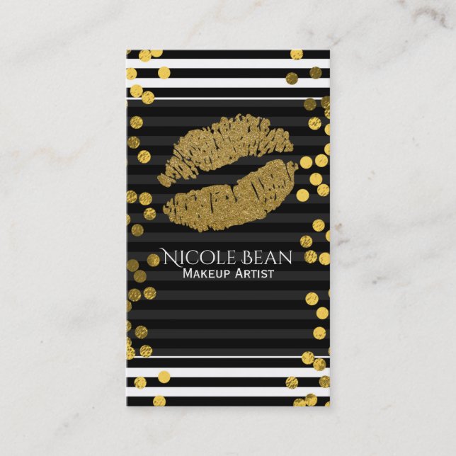 Carte De Visite Bandes noires et blanches Faux Gold Lips Beauté (Devant)